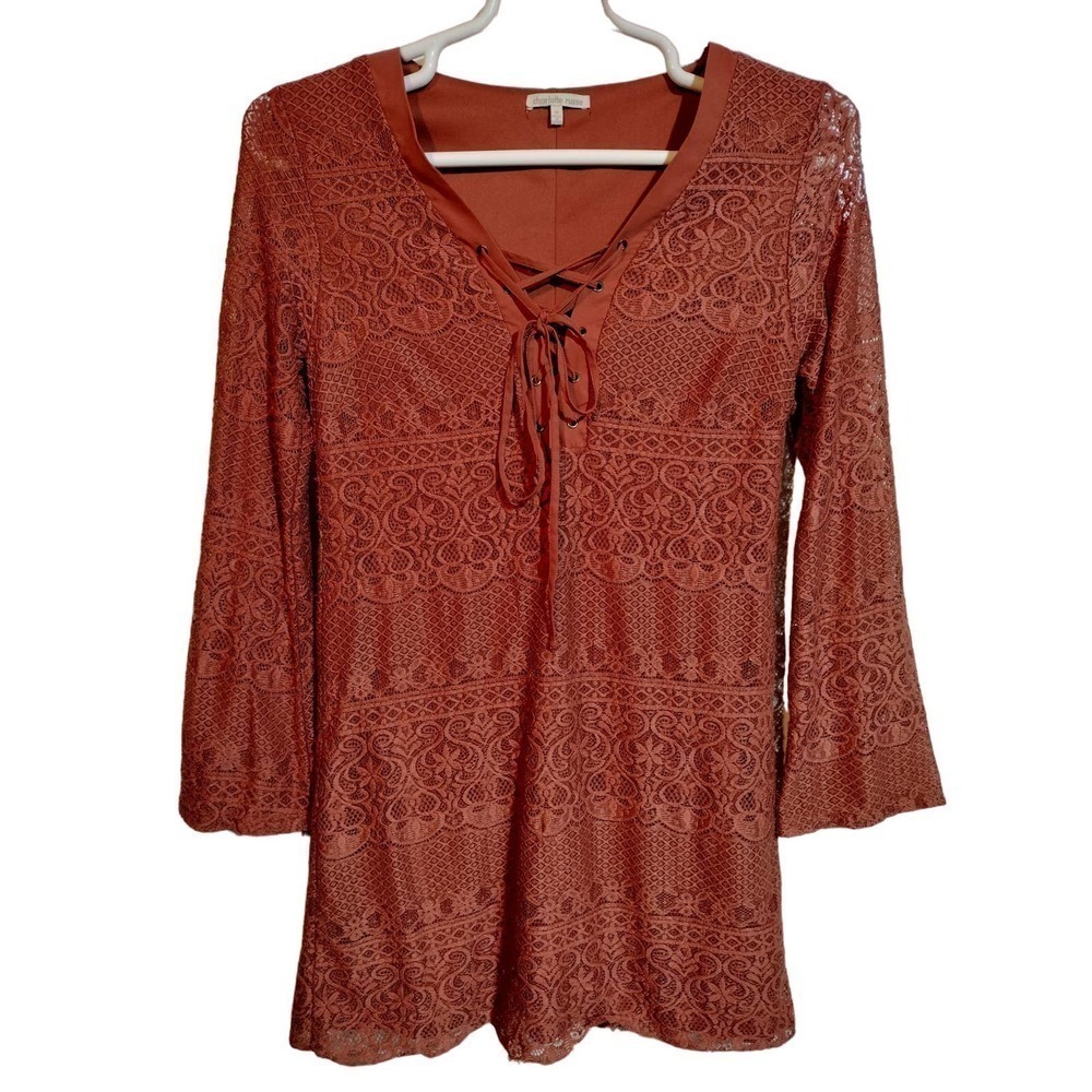 Charlotte Russe flare sleeve mini dress w/ lace overlay bronze color size medium